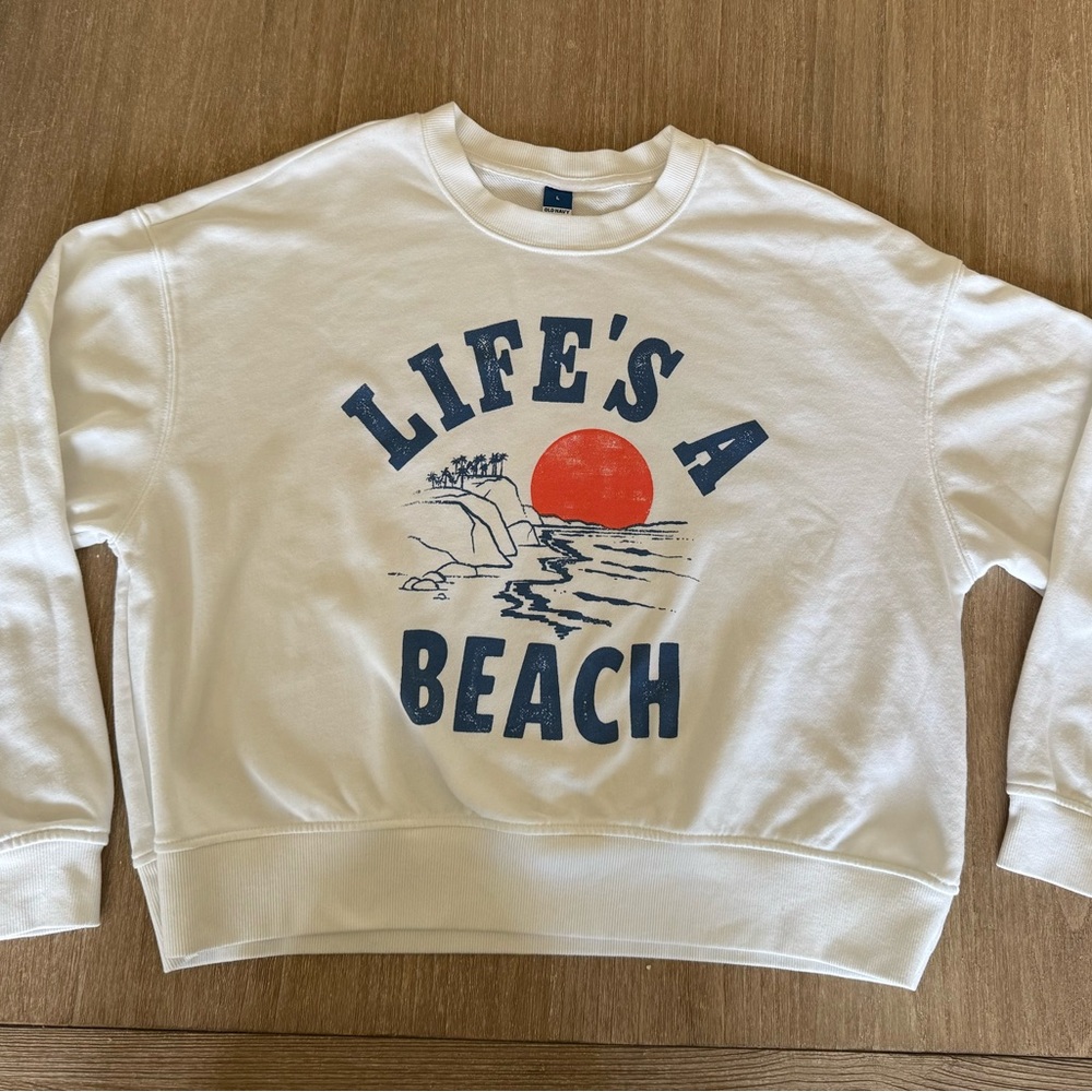 Cropped Vintage French-Terry Sweatshirt/Old Navy/white-“Life’s a Beach” size L